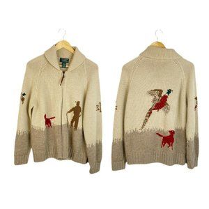 VTG Ralph Lauren Cowichan Dog Hunting Scene Hand Knit Cardigan Sweater Size M